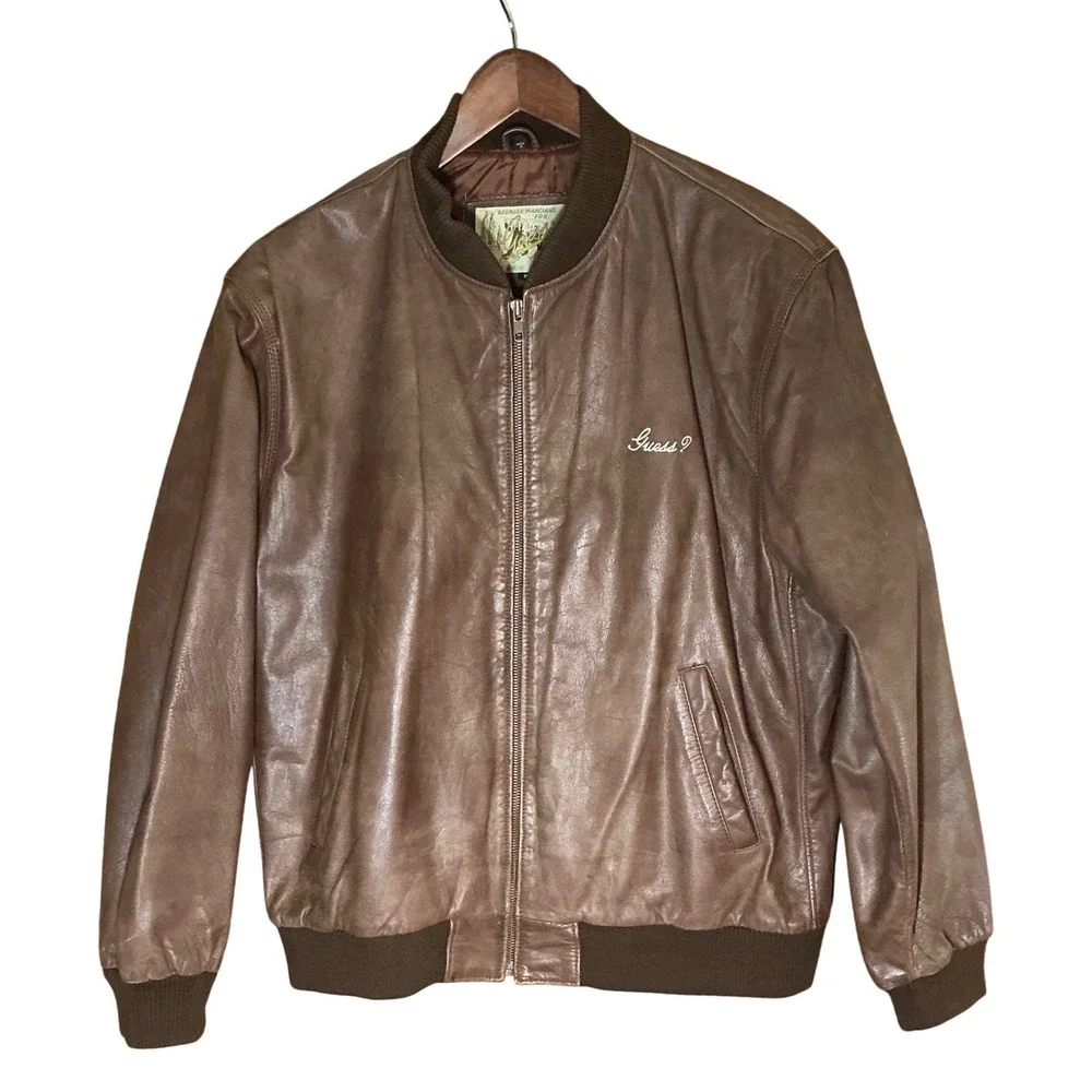 Vintage Guess Mens Brown Leather Bomber Jacket Georges Marciano Outerwear Size M